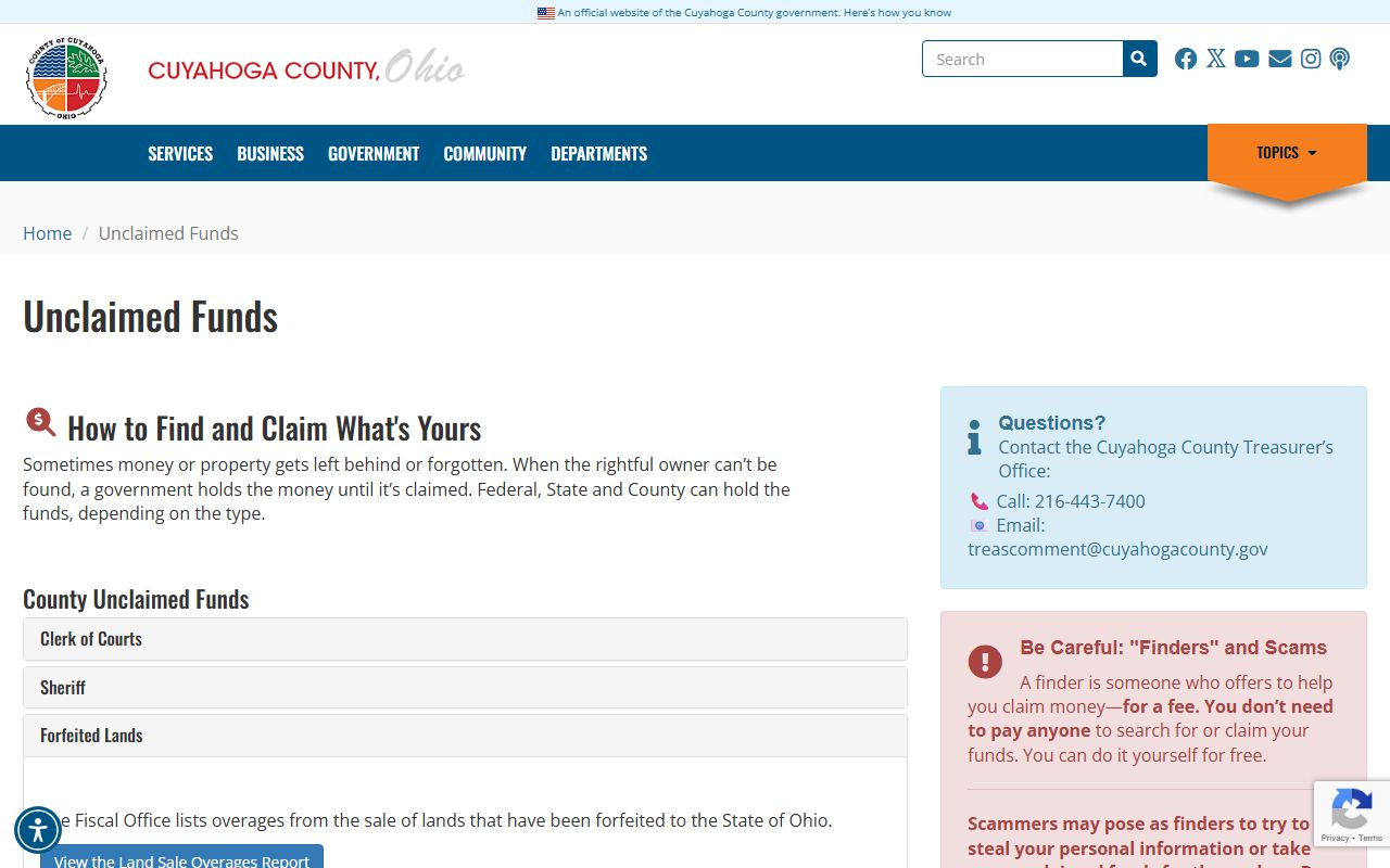 Cuyahoga County Treasurer unclaimed funds portal for Cleveland