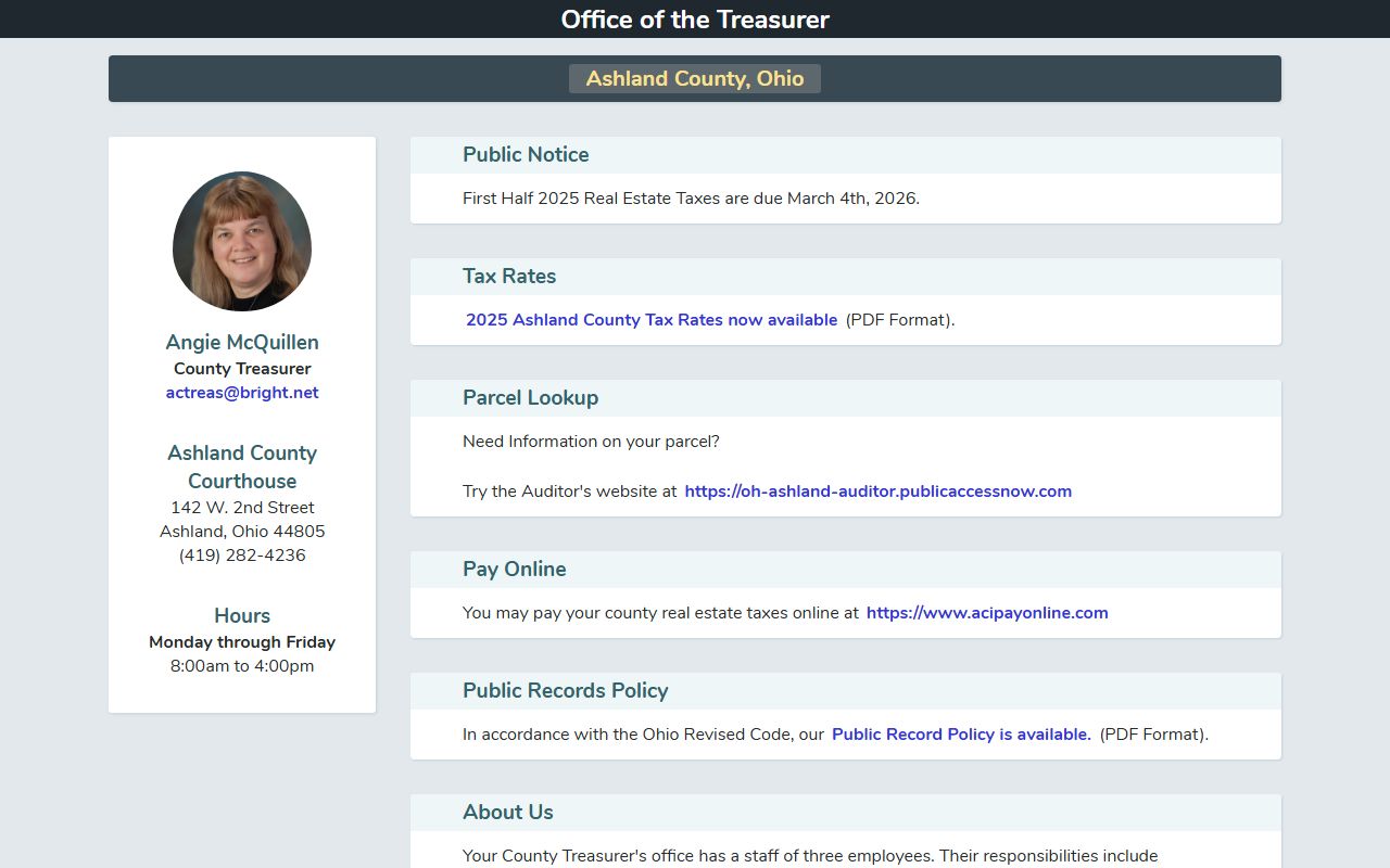 Ashland County Treasurer website for unclaimed funds