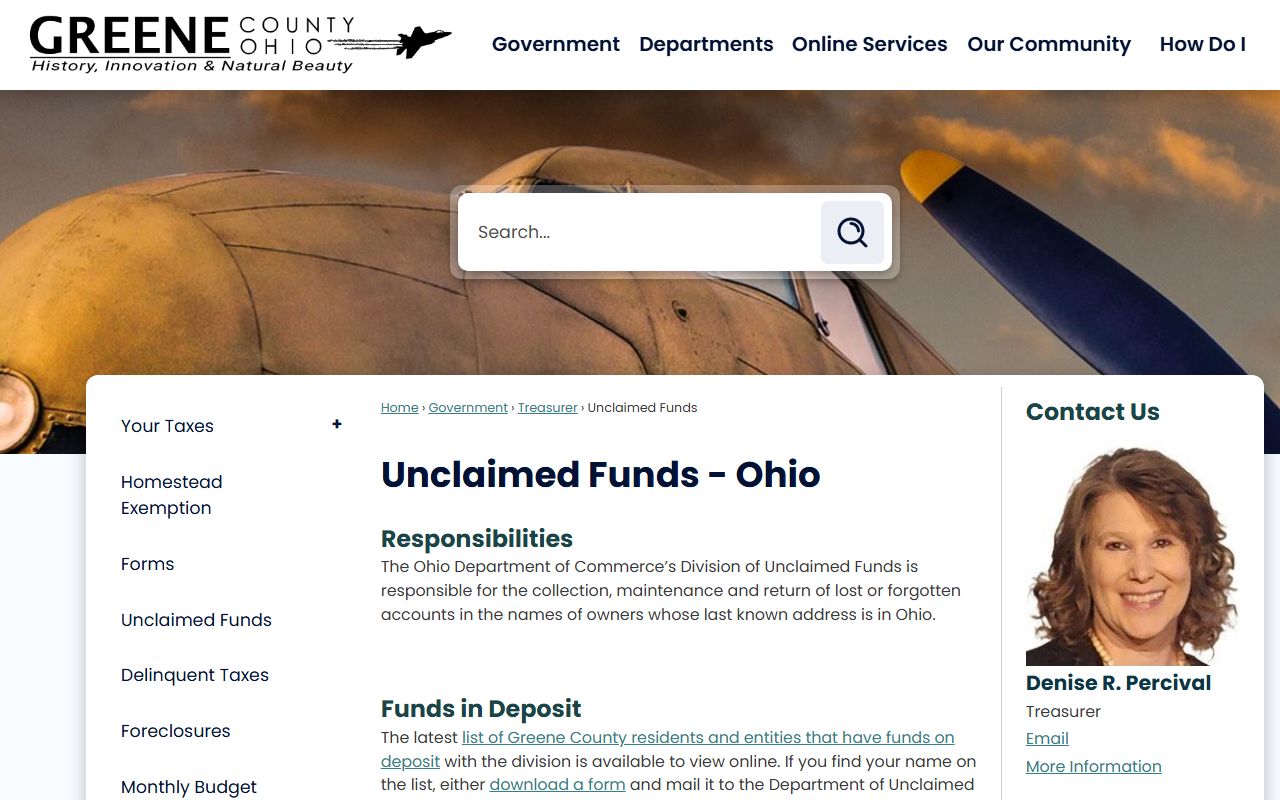 Greene County unclaimed funds page and report