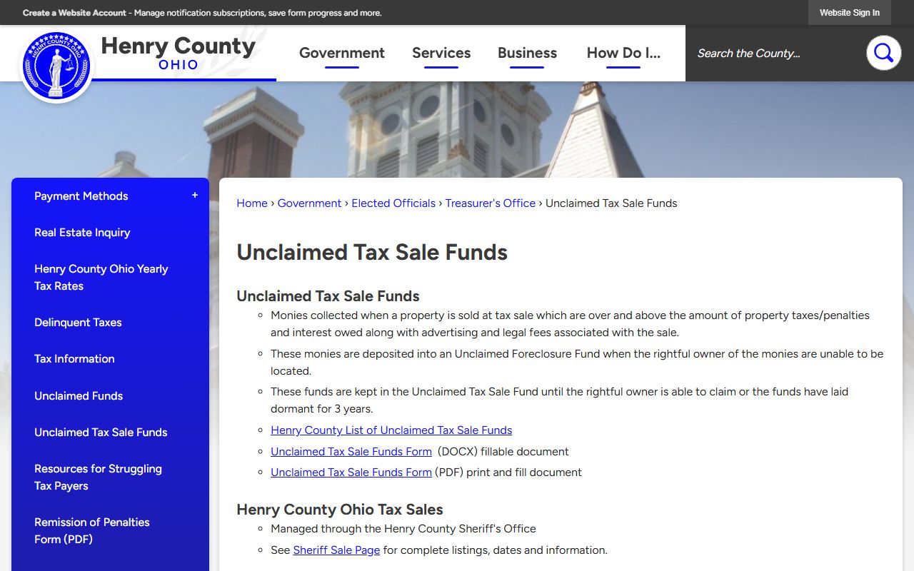 Henry County Treasurer unclaimed tax sale funds page