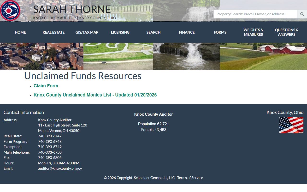 Knox County Auditor unclaimed funds page