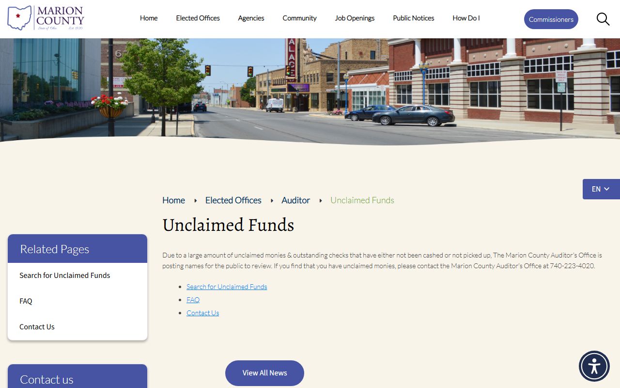 Marion County Auditor unclaimed funds page with claim form