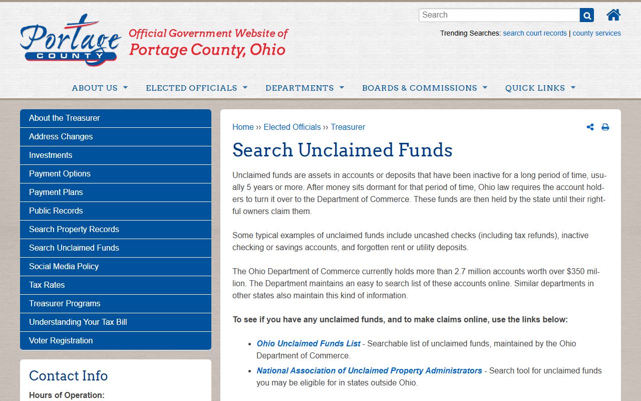 Portage County Treasurer unclaimed funds search page