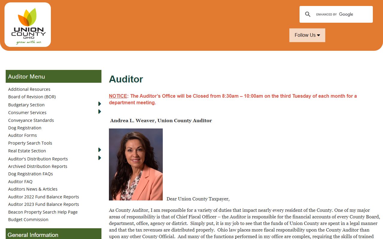 Union County Auditor office unclaimed funds page