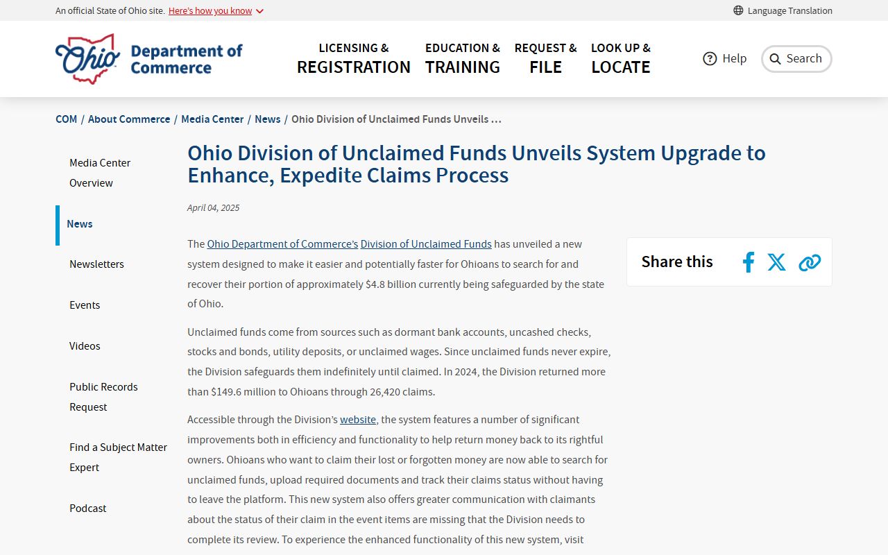 Ohio Division of Unclaimed Funds claim process