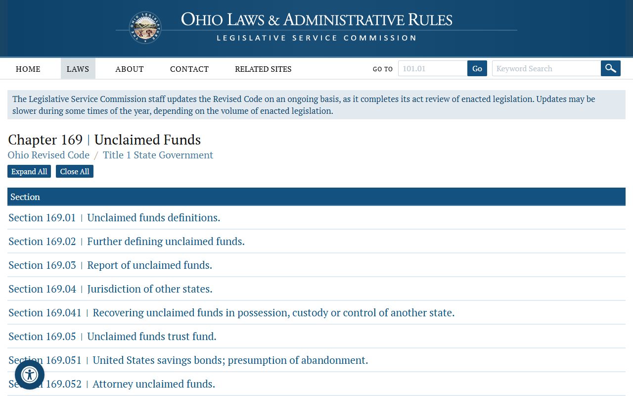 Ohio Revised Code Chapter 169 unclaimed funds law